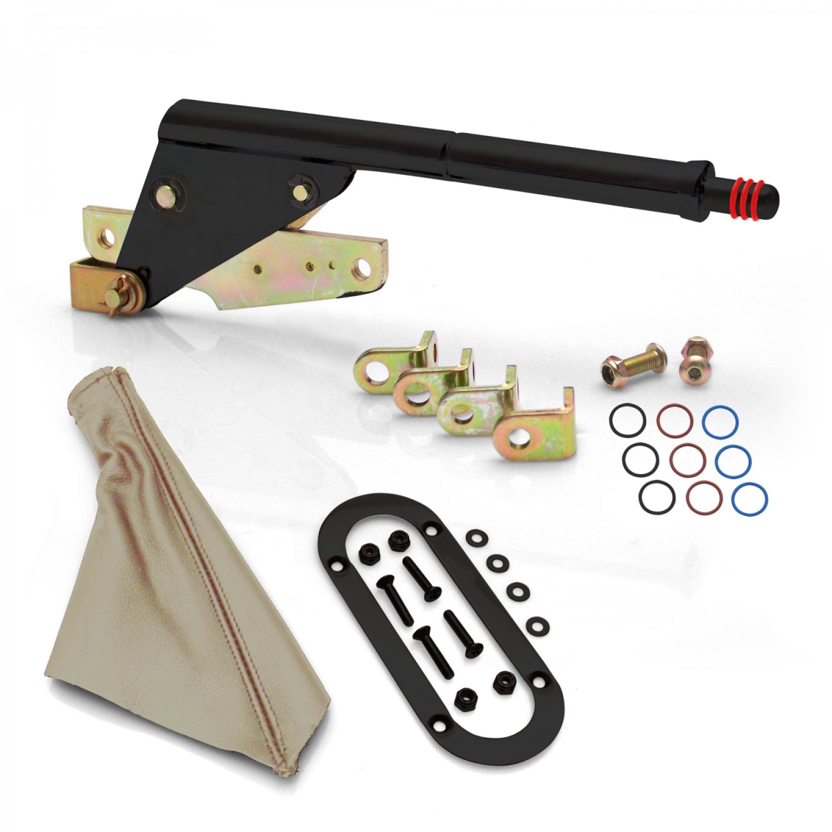 Floor Mount Black Emergency Parking Brake, Tan Boot & Black Trim Ring