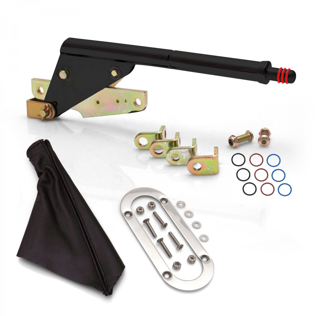 Floor Mount Black Emergency Parking Brake, Black Boot & Silver Trim Ring