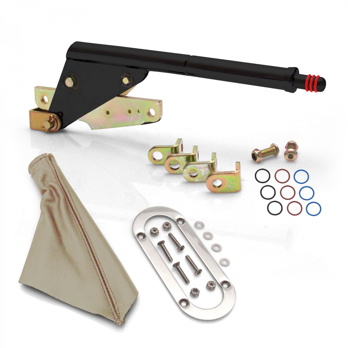 Floor Mount Black Emergency Parking Brake, Tan Boot & Silver Trim Ring