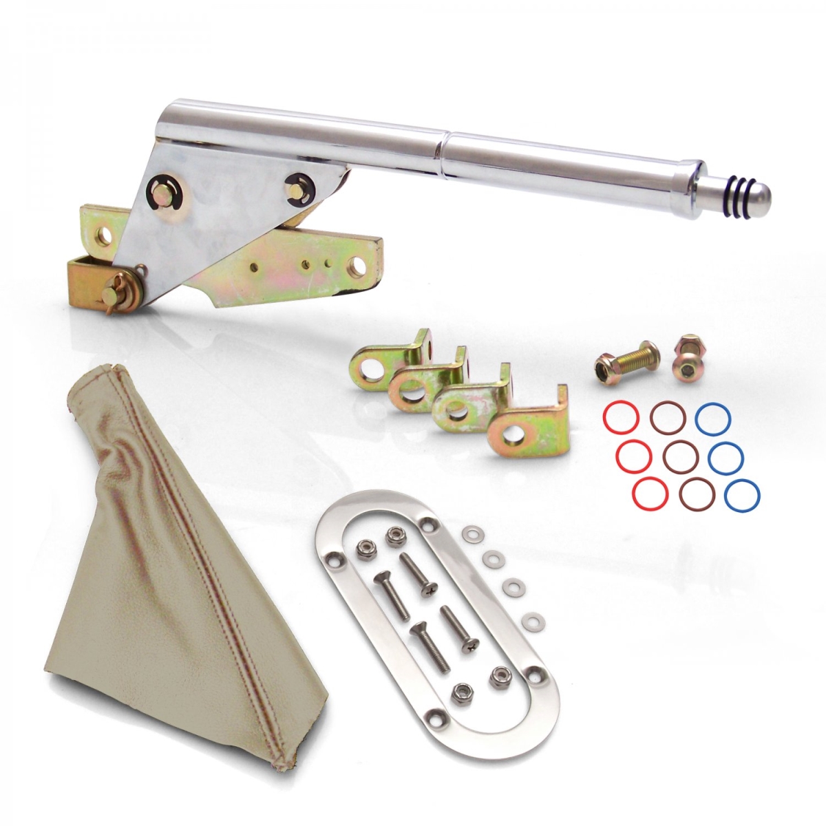 American Shifter  Floor Mount Emergency Parking Brake, Tan Boot & Silver Trim Ring