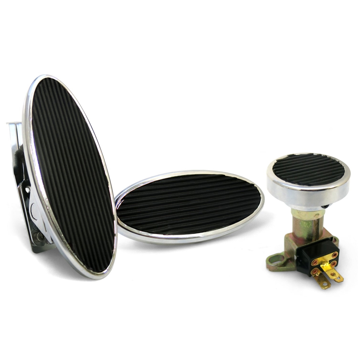 Oval Floor Mount Gas Pedal with Small Oval Brake Pad & Dimmer Pad Chromed Billet