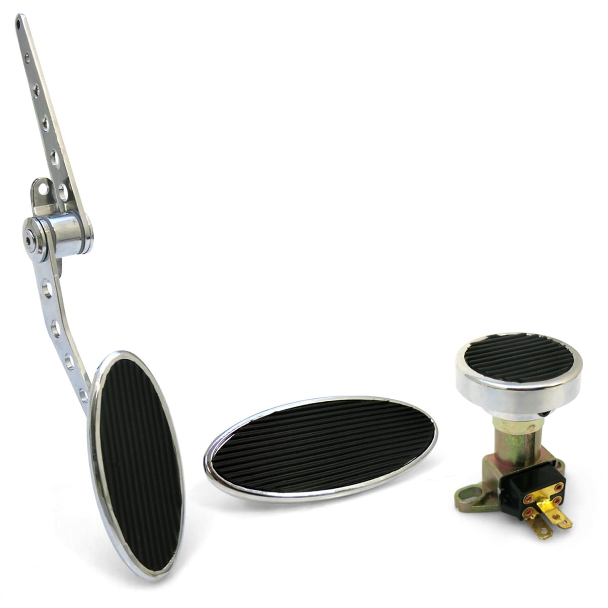 Oval Firewall Mount Gas Pedal with Large Oval Brake Pad & Dimmer Pad Chromed Billet
