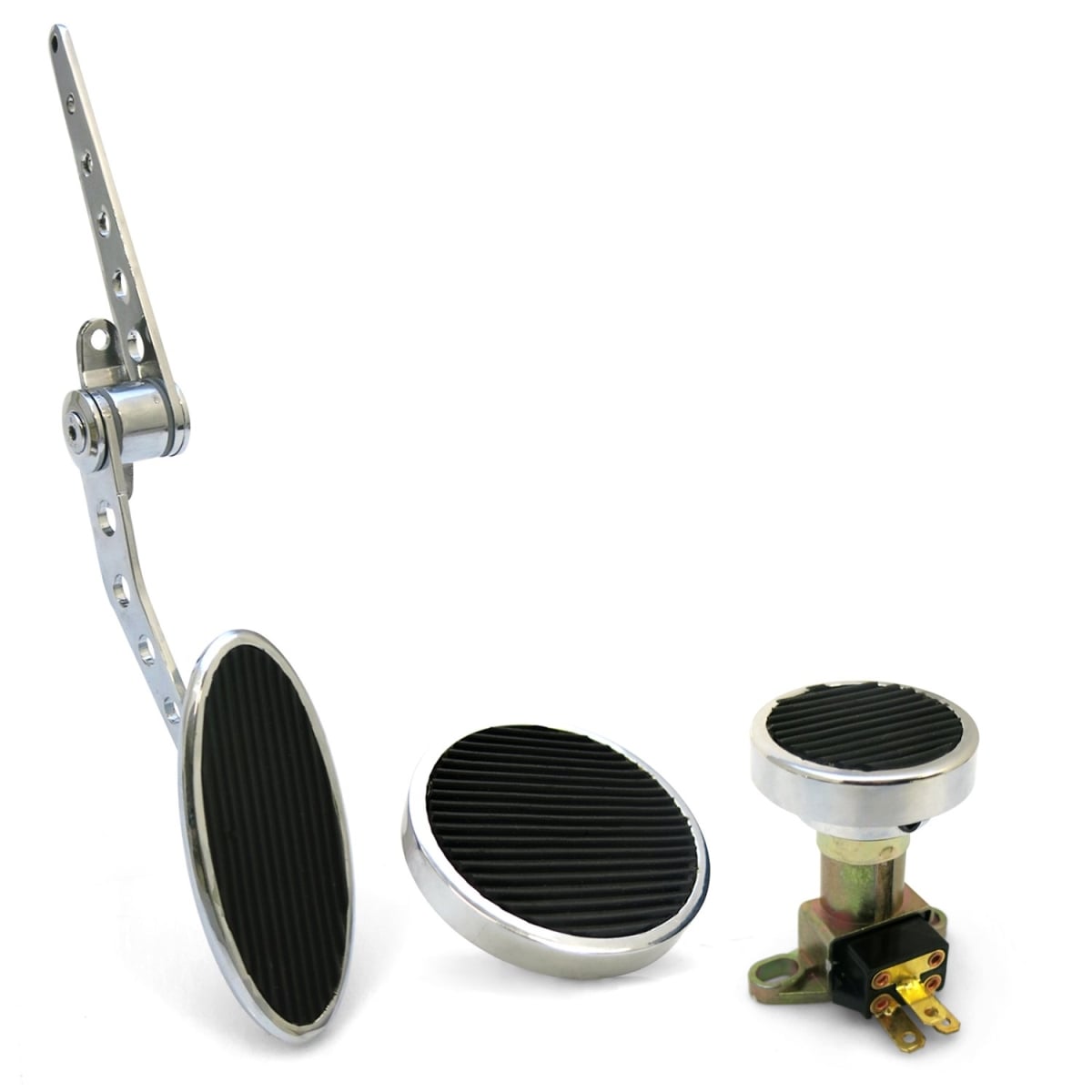 Oval Firewall Mount Gas Pedal with Round Brake Pad & Dimmer Pad Chromed Billet