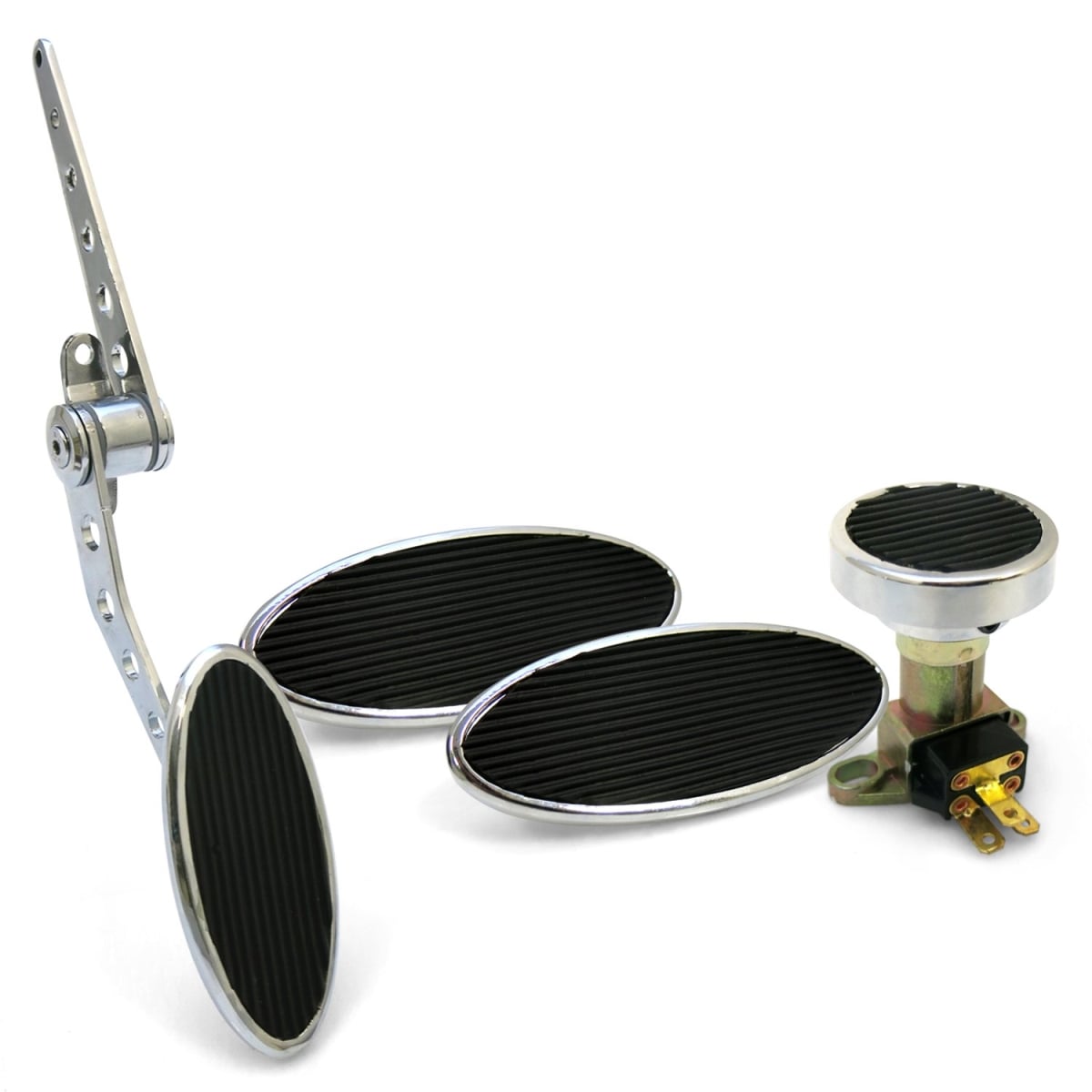 Oval Firewall Mount Gas Pedal with Large Oval Brake, Clutch & Dimmer Pad Chromed Billet