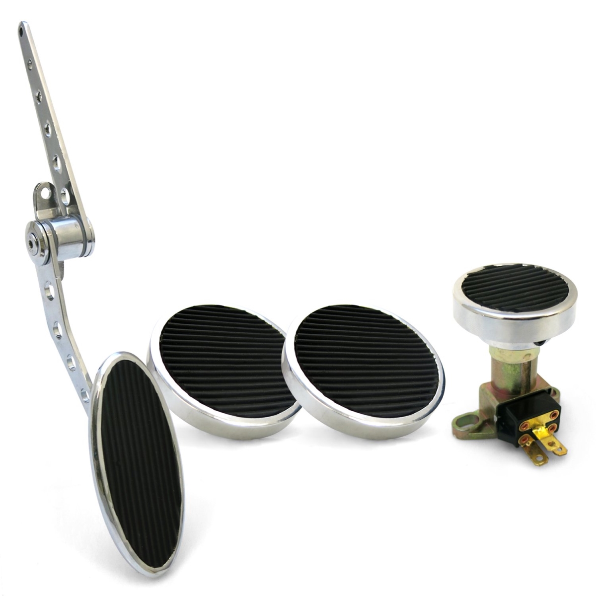 Oval Firewall Mount Gas Pedal with Round Brake, Clutch & Dimmer Pad Chromed Billet