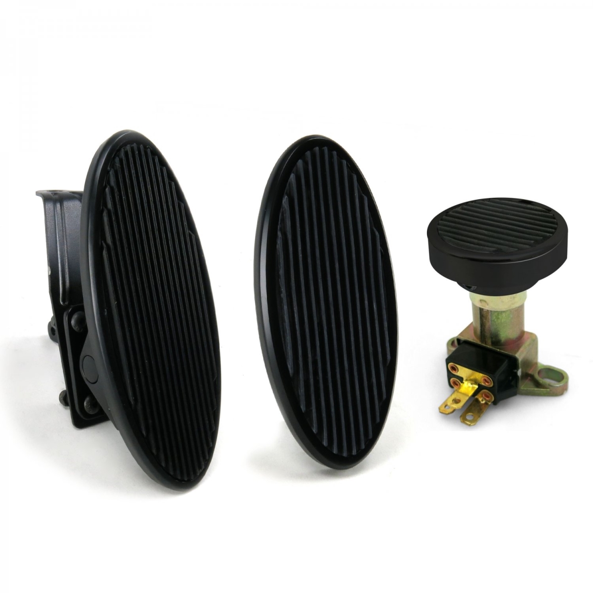 Oval Floor Mount Gas Pedal with Small Oval Brake Pad & Dimmer Pad Black Billet