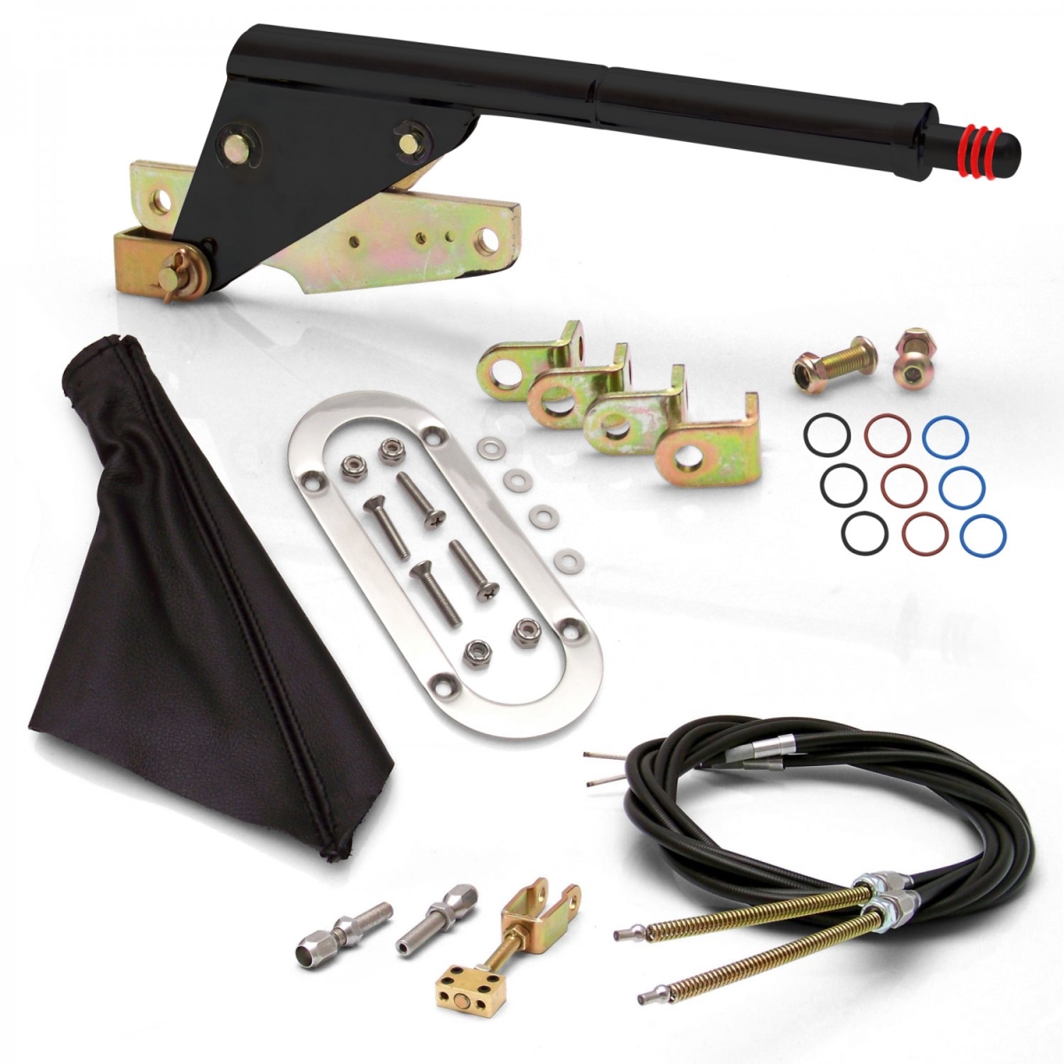 Floor Mount Black Emergency Parking Brake Black Boot, Chrome Ring & Cable Kit