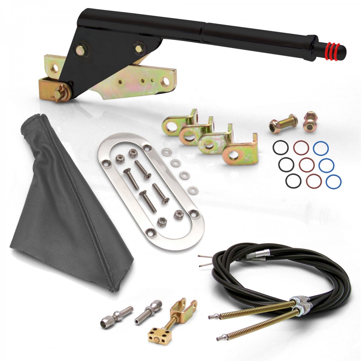 Floor Mount Black Emergency Parking Brake Grey Boot, Chrome Ring & Cable Kit