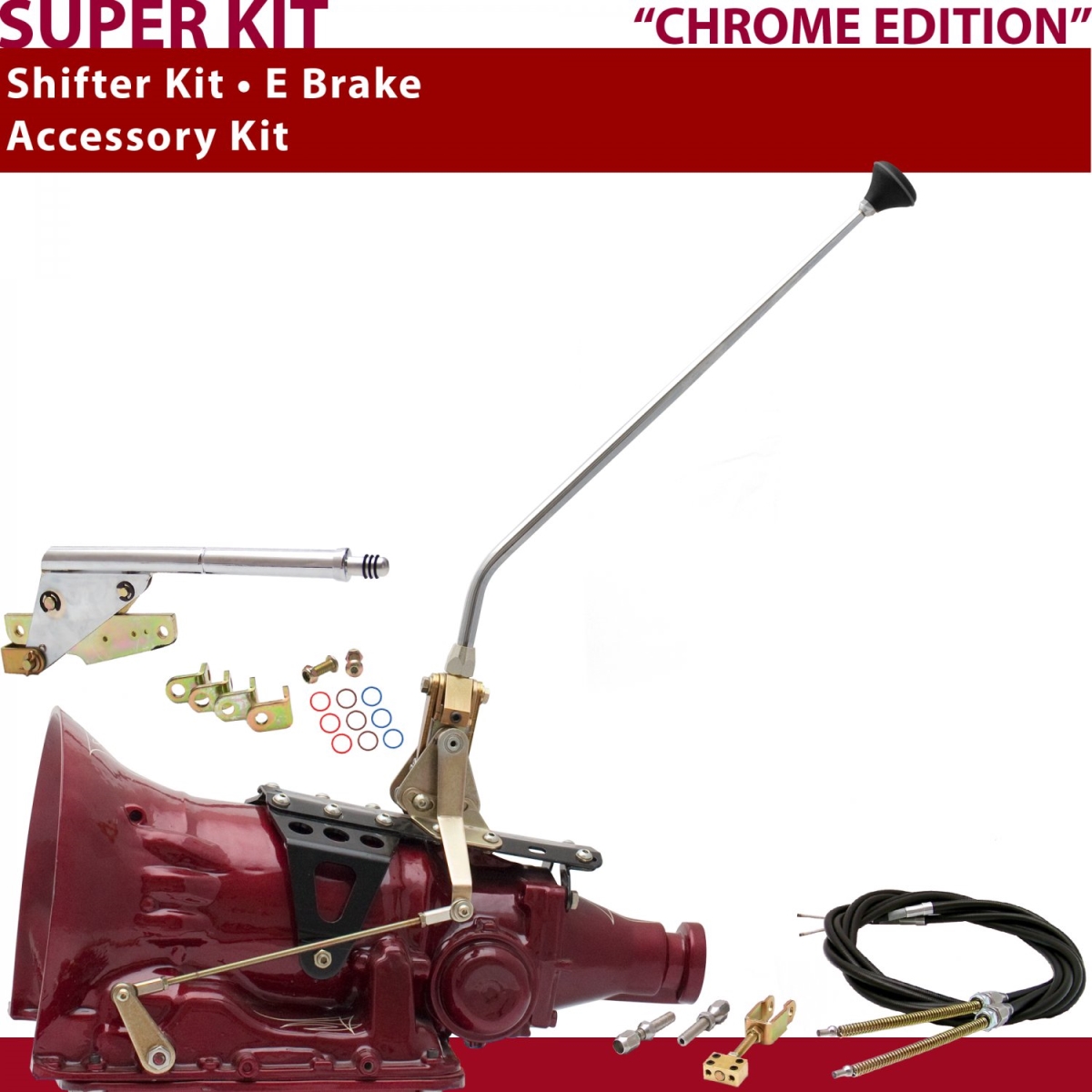 Picture of American Shifter 370632 FMX Shifter Kit 16 in. E Brake Cable Chrome Dual Shift Floor Hndl Ringed Knob for CECB9