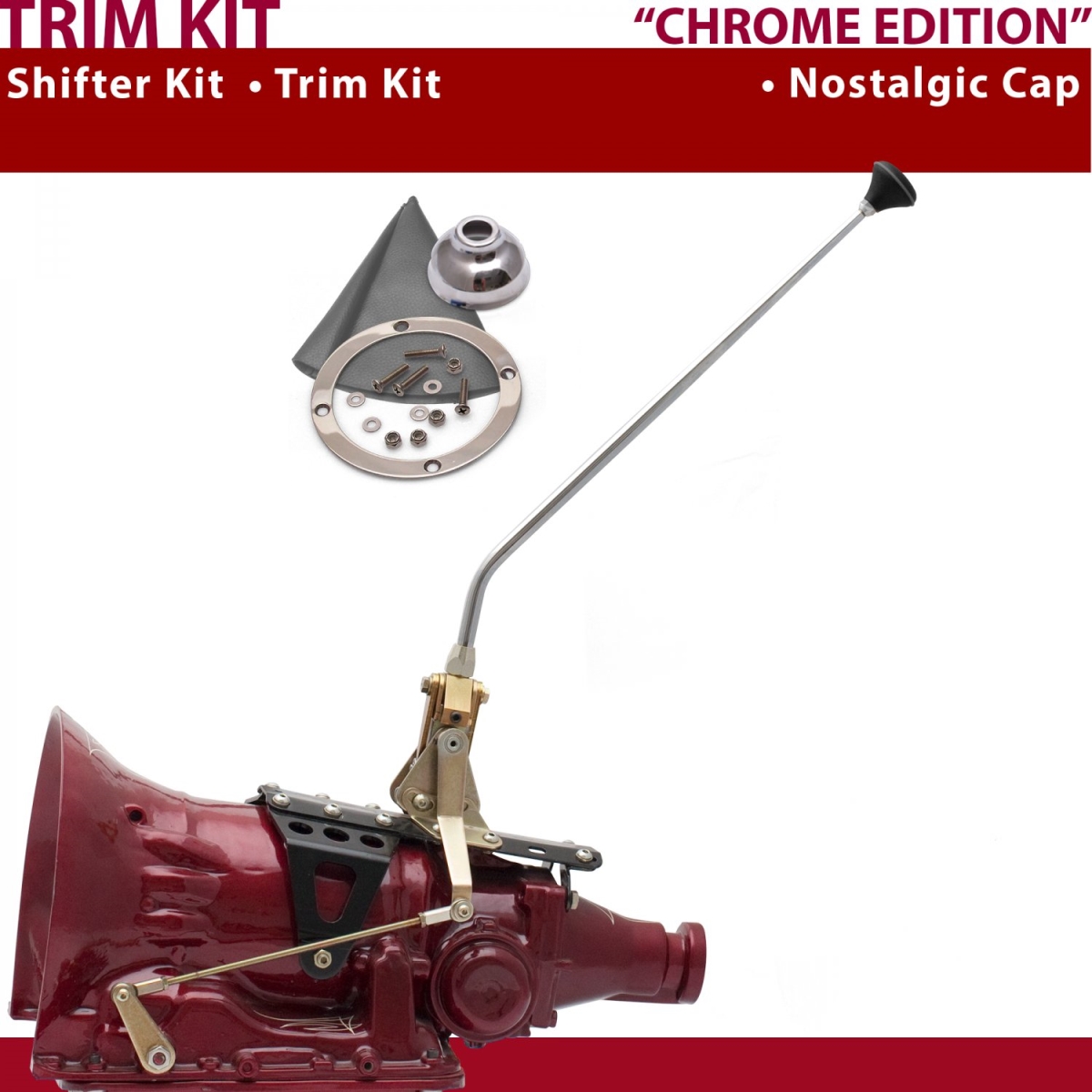 Picture of American Shifter 372042 4L60E Shifter Kit 16 in. Trim Kit Chrome Dual Shift Cap Gray Boot Ringed Knob for CF237
