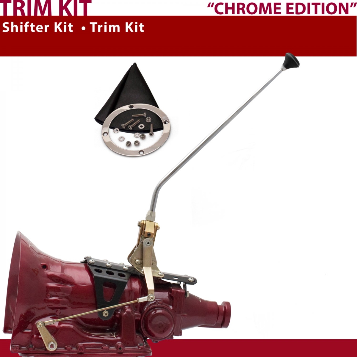 Picture of American Shifter 373453 700R4 Shifter Kit 16 in. Trim Kit Chrome Dual Shift Black Boot Ringed Knob for CF7B6