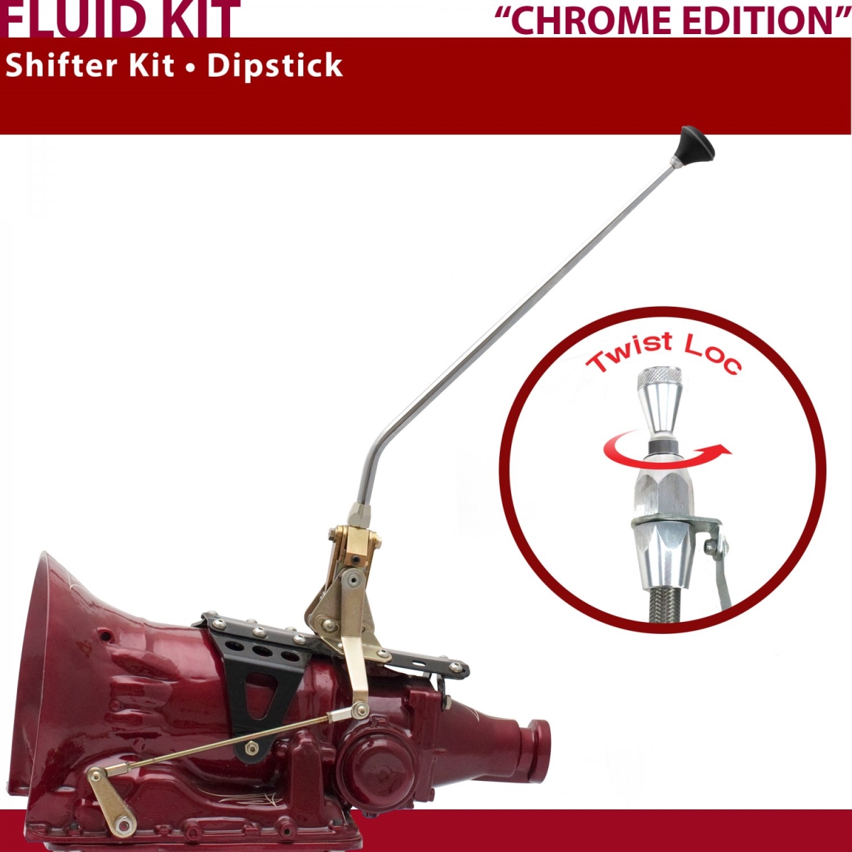 Picture of American Shifter 373477 700R4 Shifter Kit 16 in. Dipstick Chrome Dual Shift Ringed Knob for CF7CE
