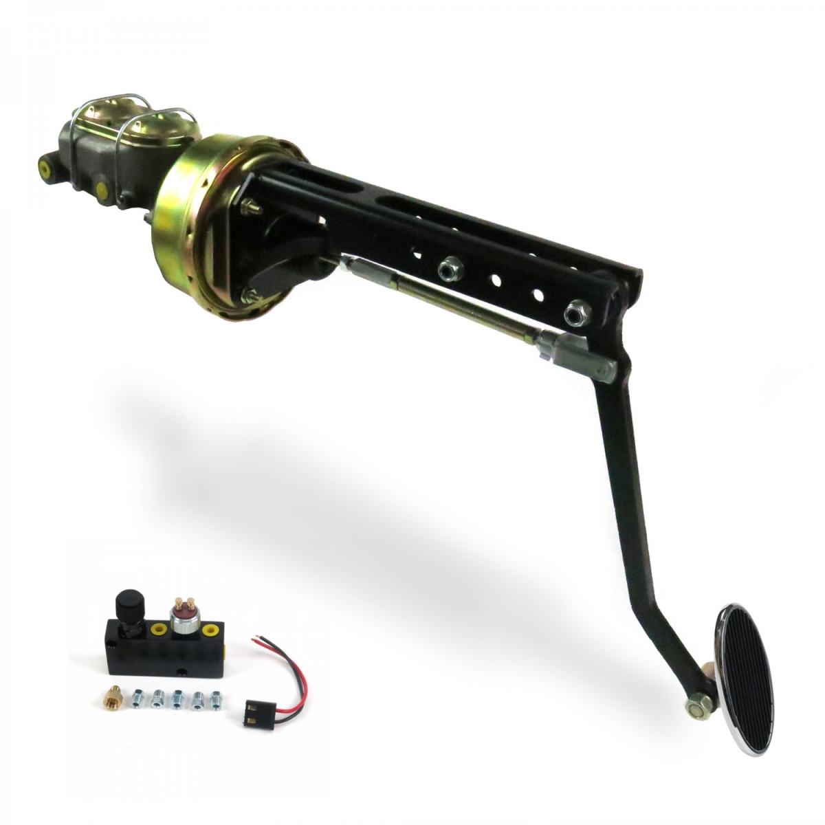 Universal Adjustable Firewall 9 in. Single Brake Pedal Kit Adjustable Disc & Disc Large Oval Chrome Pad