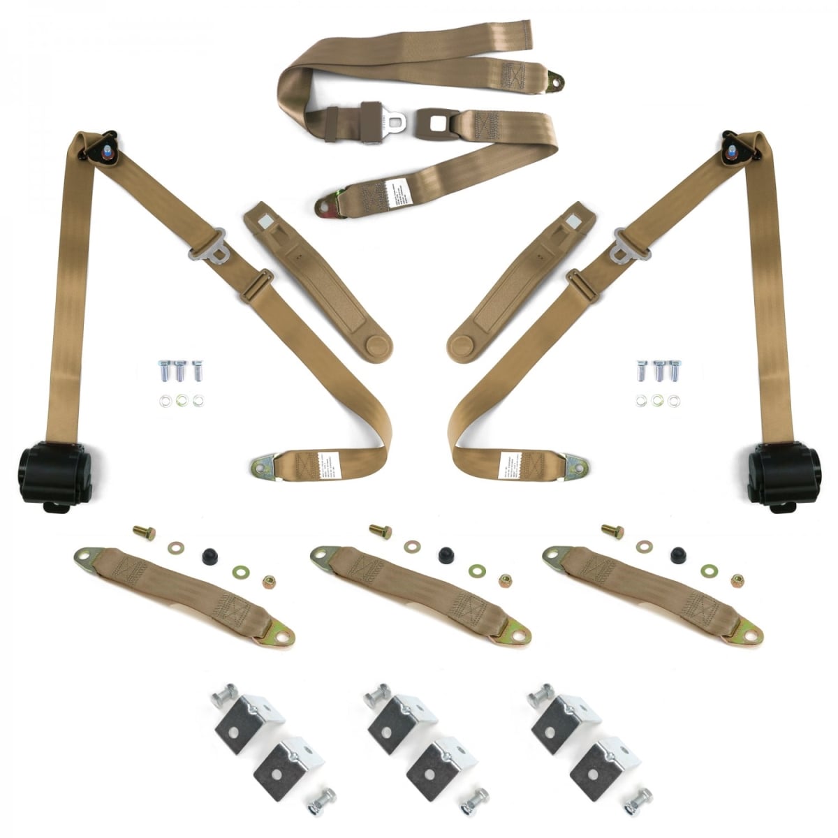 3 Point Tan Retractable Seat Belts with Middle 2 Point Lap Belt Kit for Bench Seat