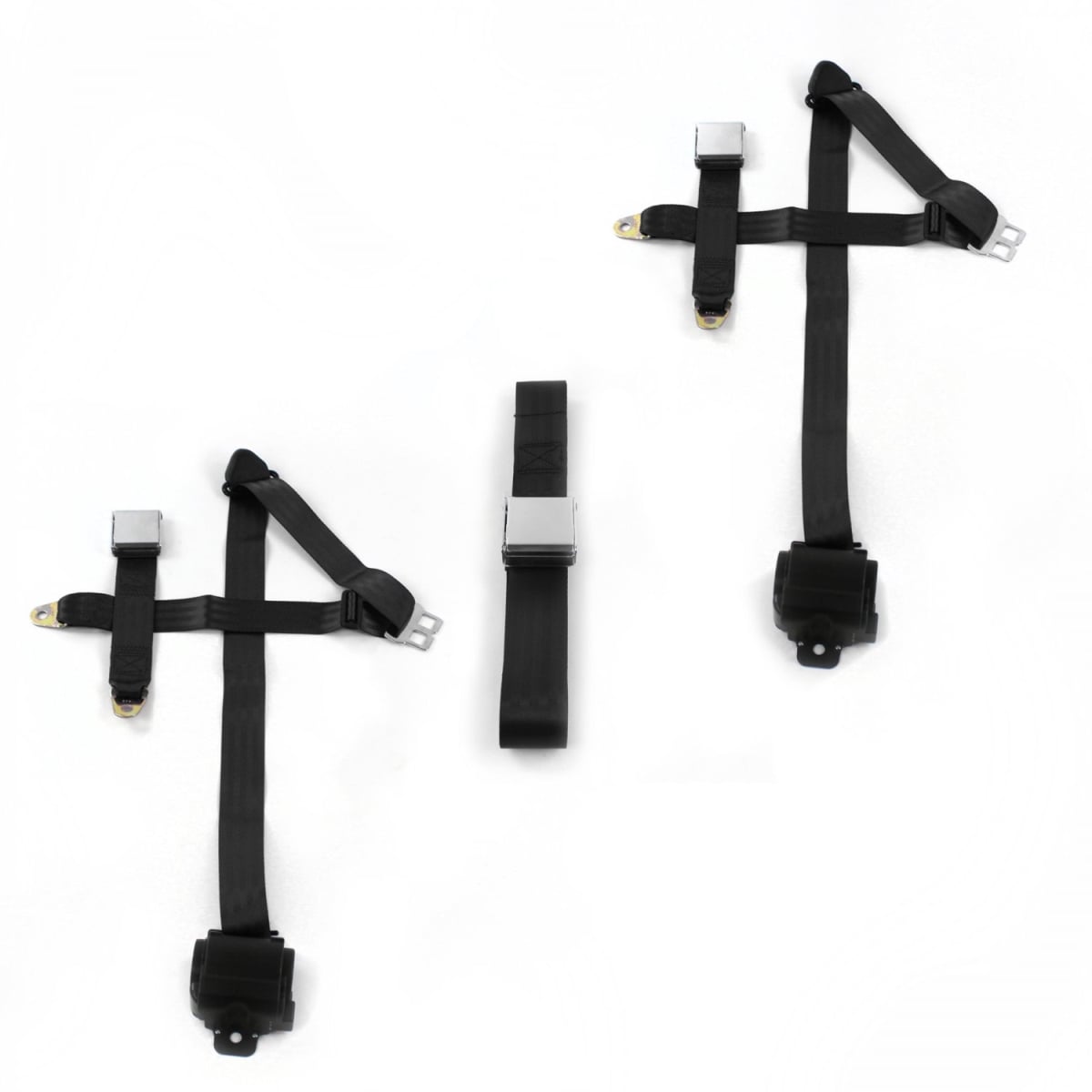 Ford 1932 Model B Airplane 3 Point Black Retractable Bench Seat Belt Kit - 3 Belts