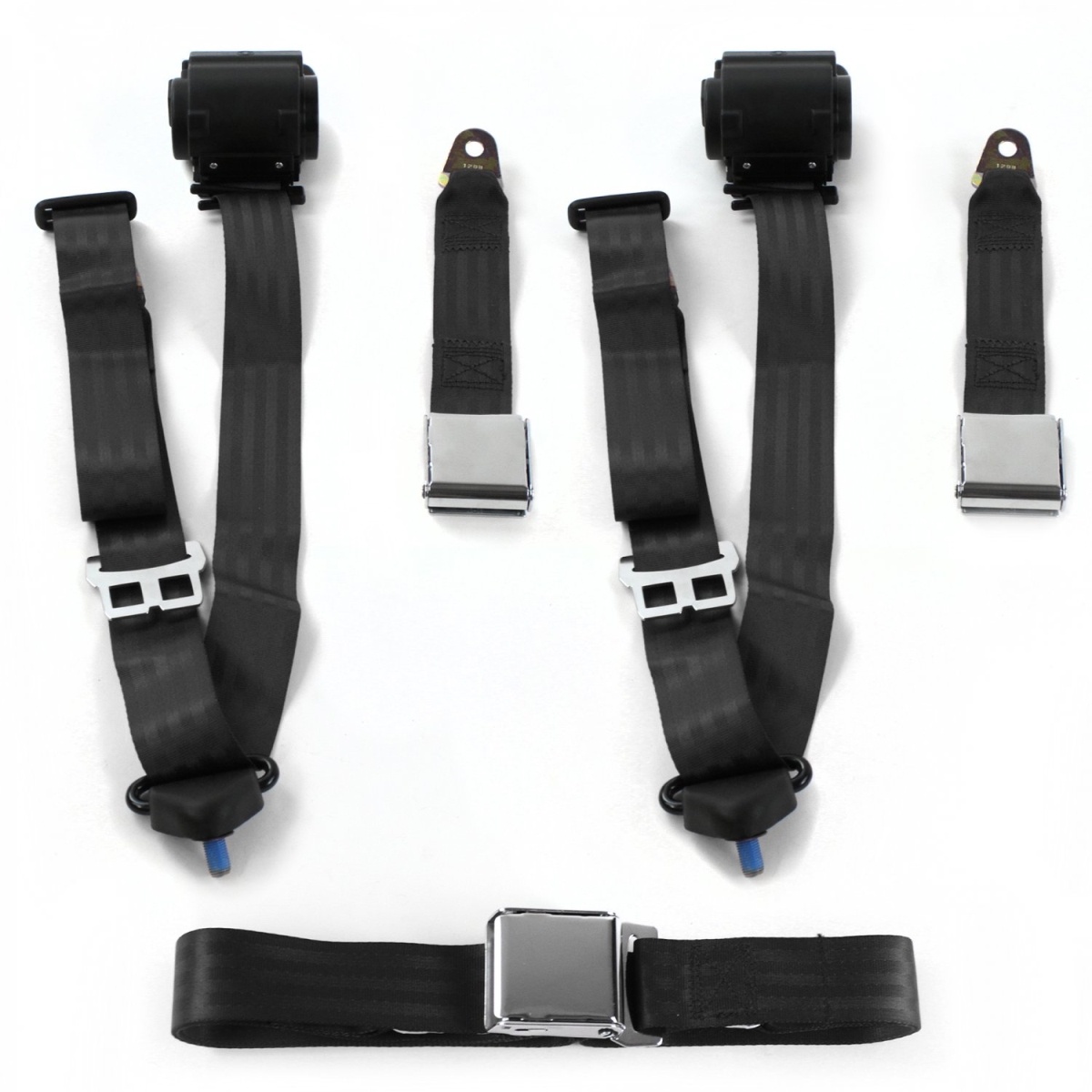 Ford 1933-1934 Model C Airplane 3 Point Black Retractable Bench Seat Belt Kit - 3 Belts
