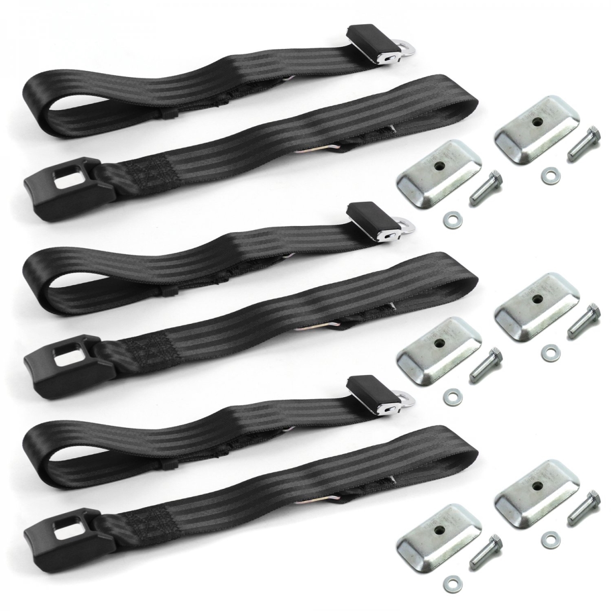 Nash Ambassador 1933-1957 Standard 2 Point Black Lap Bench Seat Belt Kit with Bracketry - 3 Belts