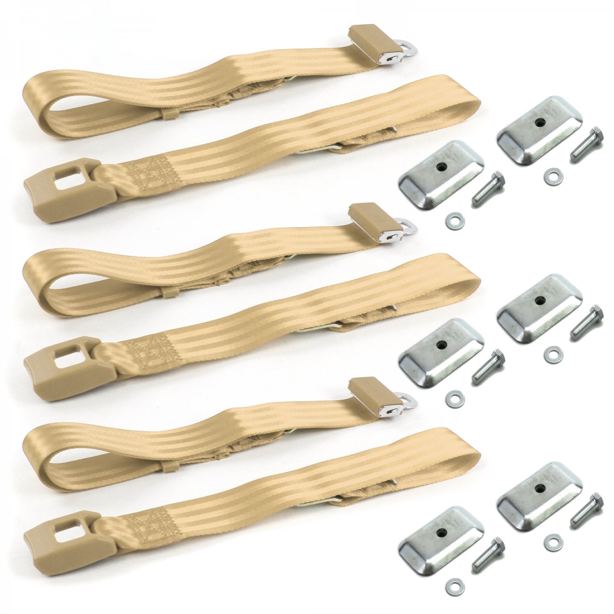 Ford Mustang 1974-1978 Standard 2 Point Tan Lap Bench Seat Belt Kit with Bracketry - 3 Belts