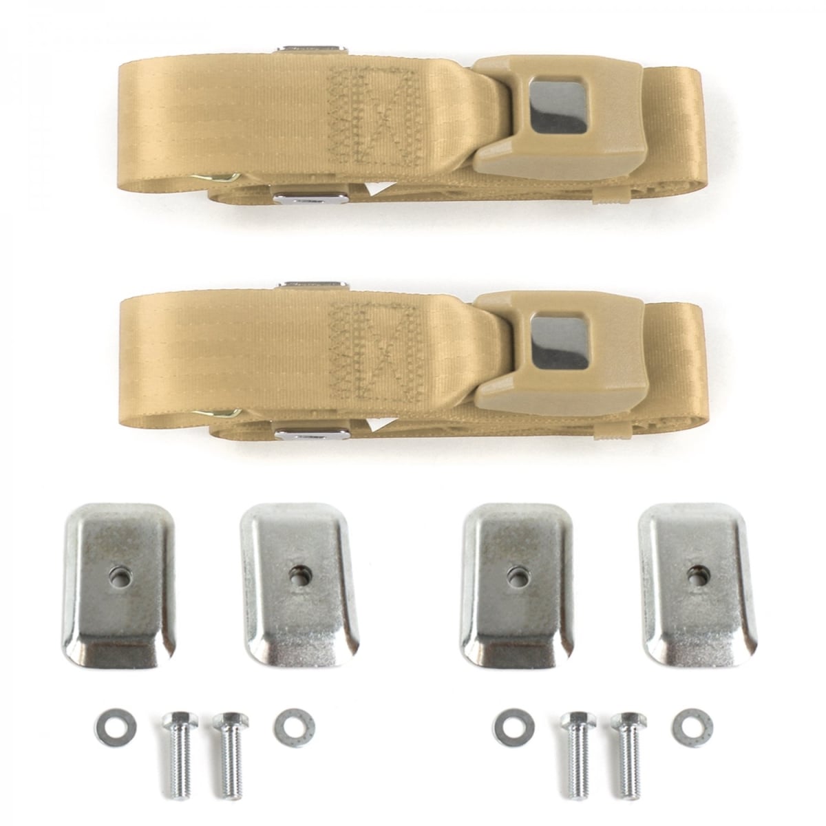 Chevy Impala 1965-1970 Standard 2 Point Tan Lap Bucket Seat Belt Kit with Bracketry - 2 Belts