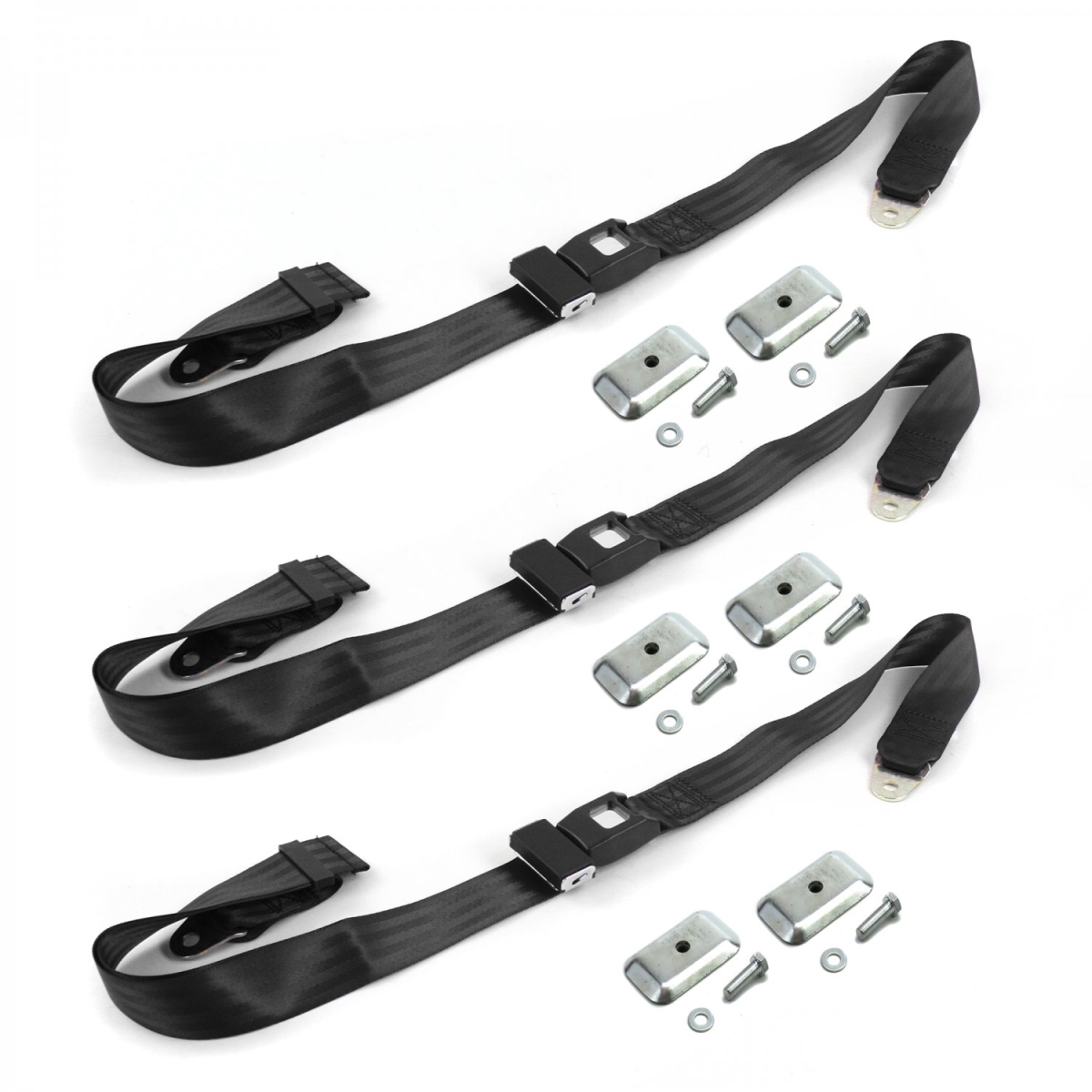 VW Type 1 Oval 1953-1957 Standard 2 Point Black Lap Bench Seat Belt Kit with Bracketry - 3 Belts