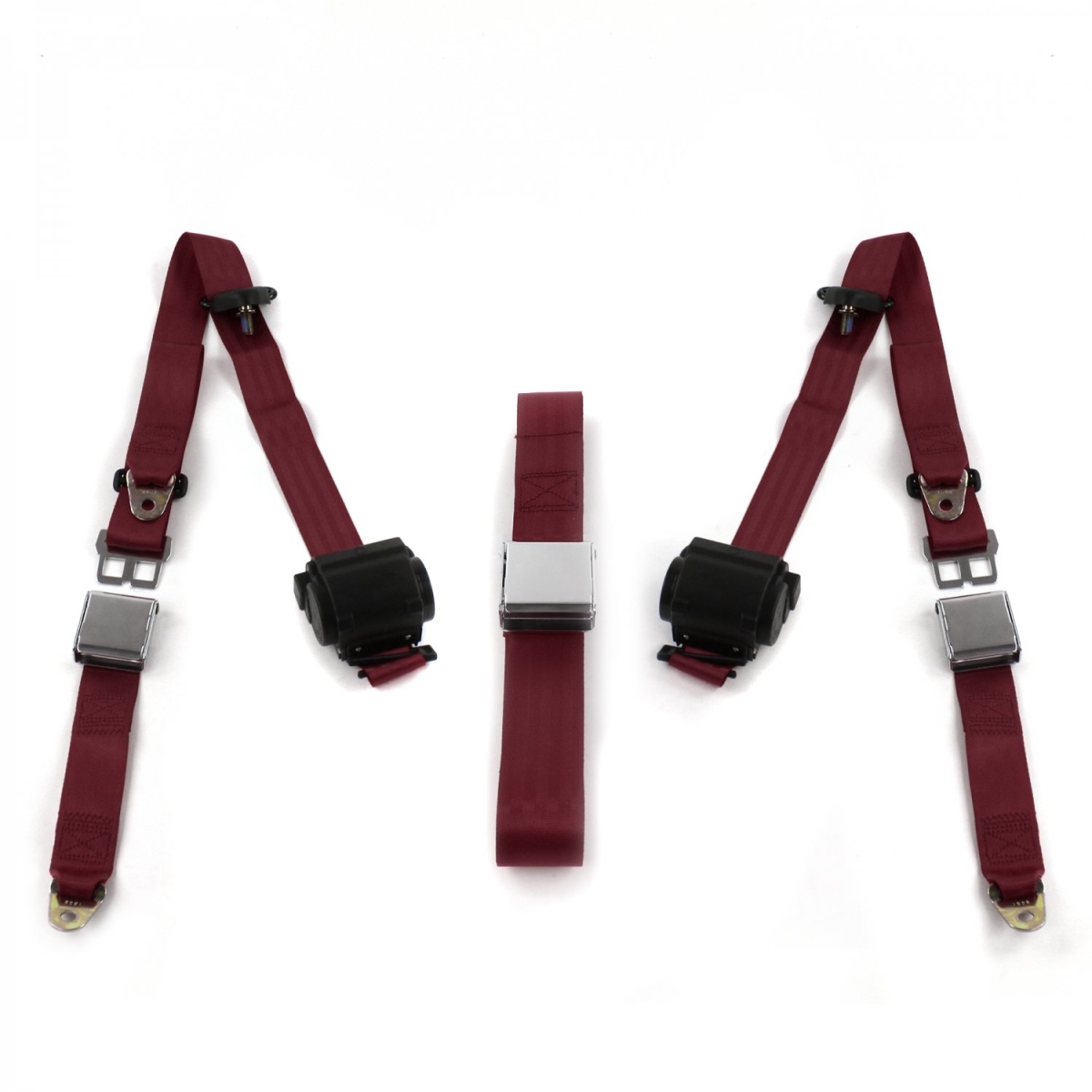 Ford Thunderbird 1961-1966 Airplane 3 Point Burgandy Retractable Bench Seat Belt Kit - 3 Belts