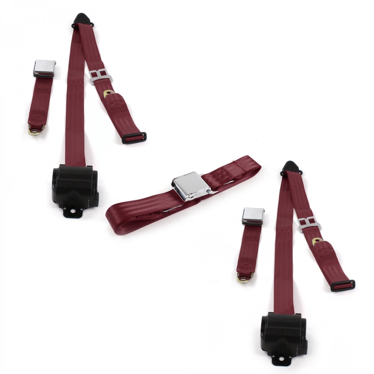 Ford Thunderbird 1967-1976 Airplane 3 Point Burgandy Retractable Bench Seat Belt Kit - 3 Belts