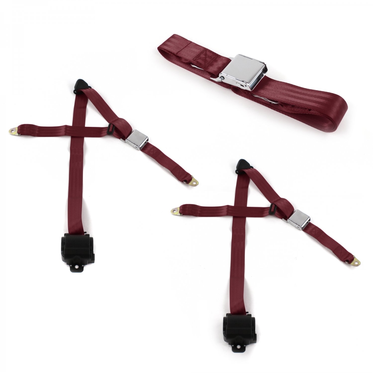 Ford Thunderbird 1980-1982 Airplane 3 Point Burgandy Retractable Bench Seat Belt Kit - 3 Belts