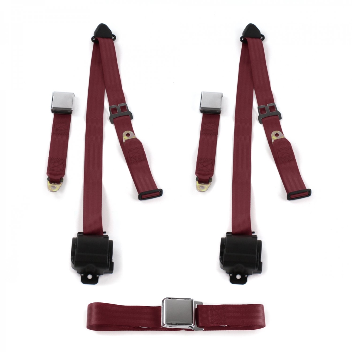 Chevy Impala 1958 Airplane 3 Point Burgandy Retractable Bench Seat Belt Kit - 3 Belts