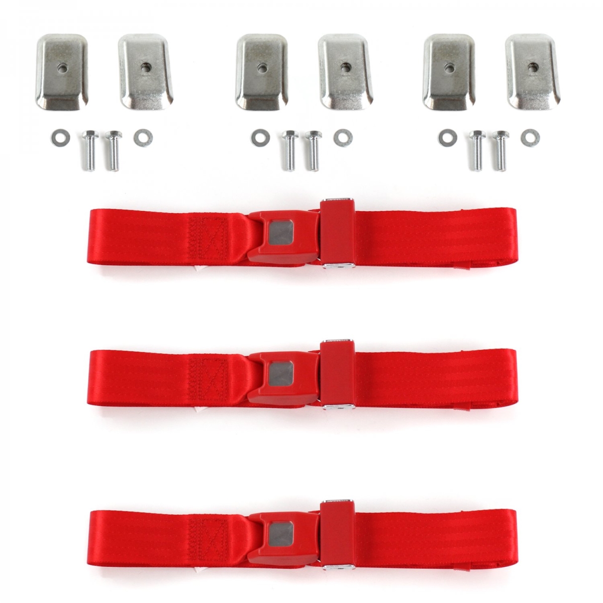 Ford Anglia 1946-1968 Standard 2 Point Red Lap Bench Seat Belt Kit with Bracketry - 3 Belts