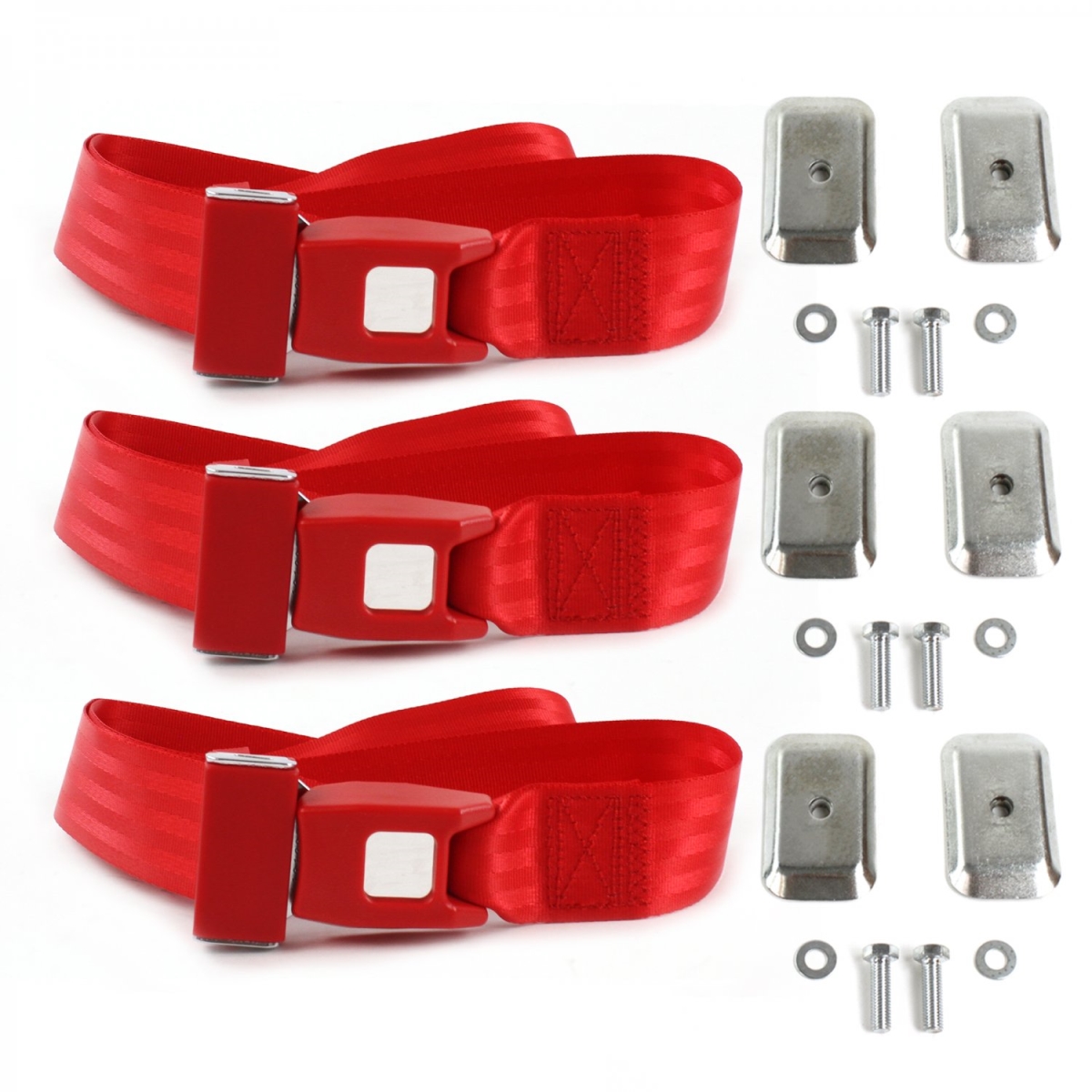 Ford Bronco 1966-1977 Standard 2 Point Red Lap Bench Seat Belt Kit with Bracketry - 3 Belts