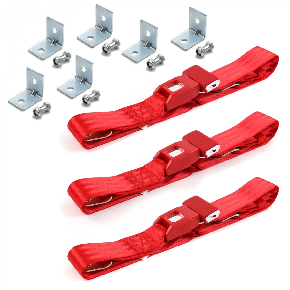 Ford Bronco 1978-1979 Standard 2 Point Red Lap Bench Seat Belt Kit with Bracketry - 3 Belts