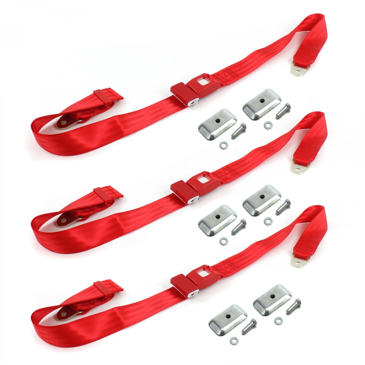 Ford Bronco 1980-1996 Standard 2 Point Red Lap Bench Seat Belt Kit with Bracketry - 3 Belts