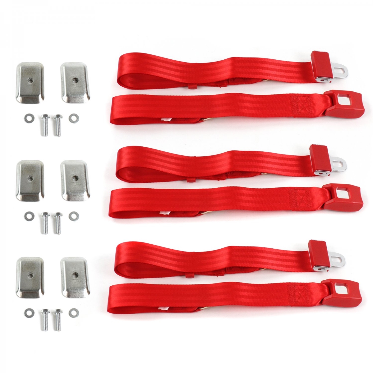 Jeep Commando 1966-1973 Standard 2 Point Red Lap Bench Seat Belt Kit with Bracketry - 3 Belts