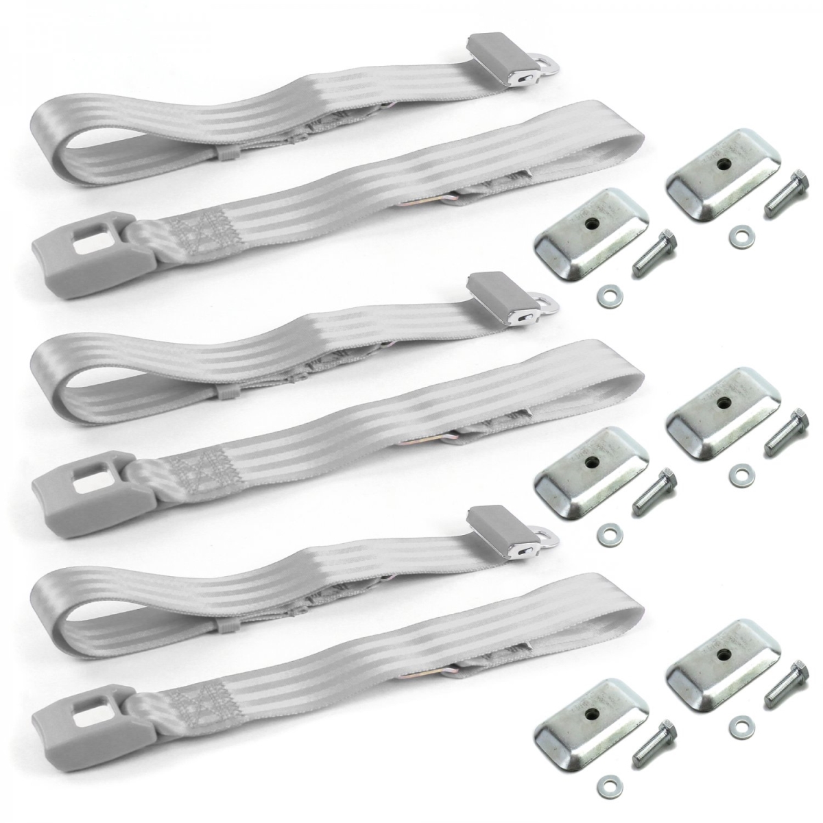 VW Karmann Ghia Standard 2 Point Gray & Grey Lap Bench Seat Belt Kit with Bracketry - 3 Belts