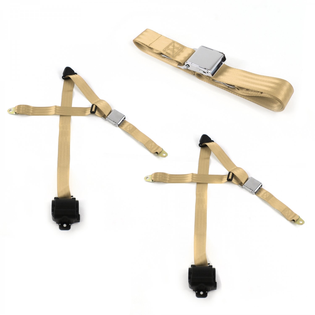 Buick Roadmaster 1954-1956 Airplane 3 Point Tan Retractable Bench Seat Belt Kit - 3 Belts