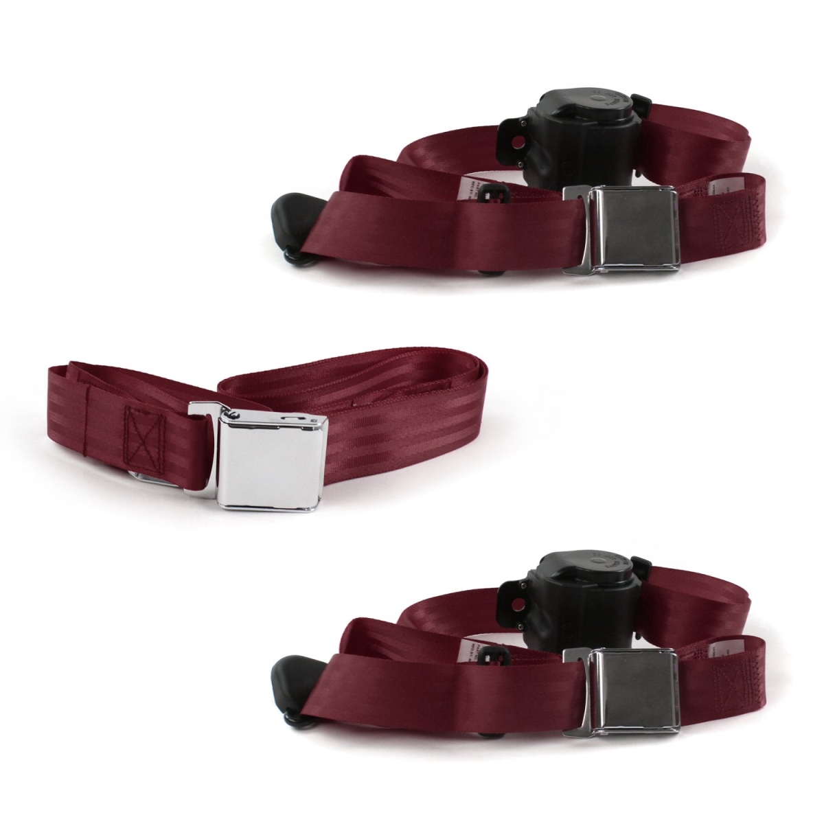 VW Type 1 Split 1947-1952 Airplane 3 Point Burgandy Retractable Bench Seat Belt Kit - 3 Belts