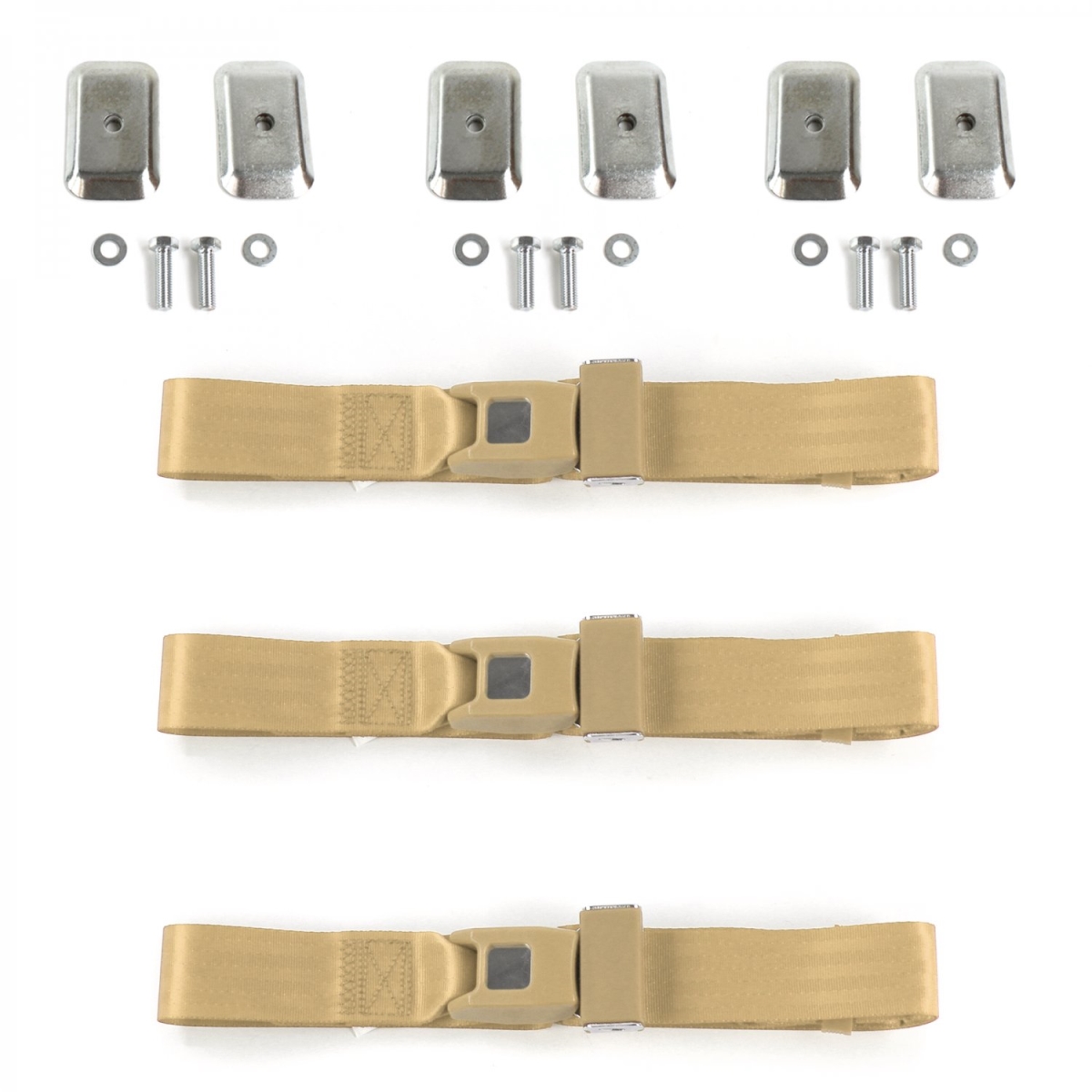 Ford Mustang 1971-1973 Standard 2 Point Tan Lap Bench Seat Belt Kit with Bracketry - 3 Belts