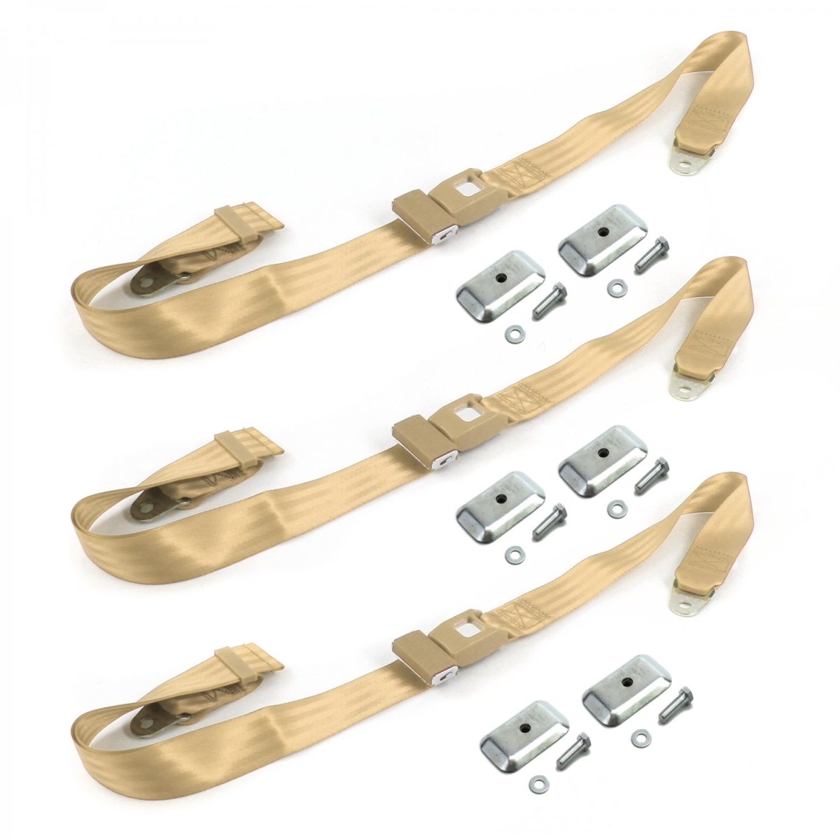 Ford Bronco 1966-1977 Standard 2 Point Tan Lap Bench Seat Belt Kit with Bracketry - 3 Belts