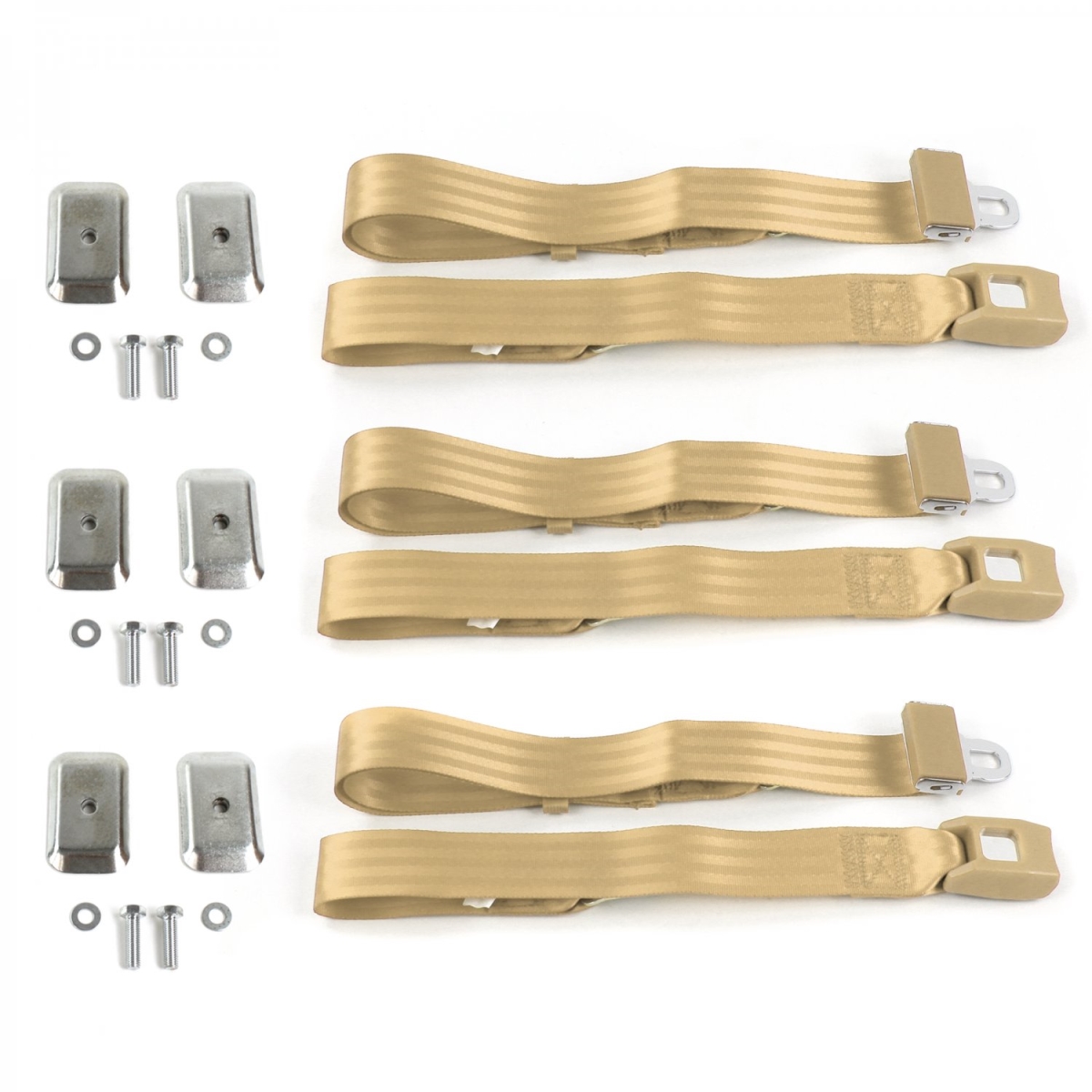 Nash Rambler 1950-1954 Standard 2 Point Tan Lap Bench Seat Belt Kit with Bracketry - 3 Belts