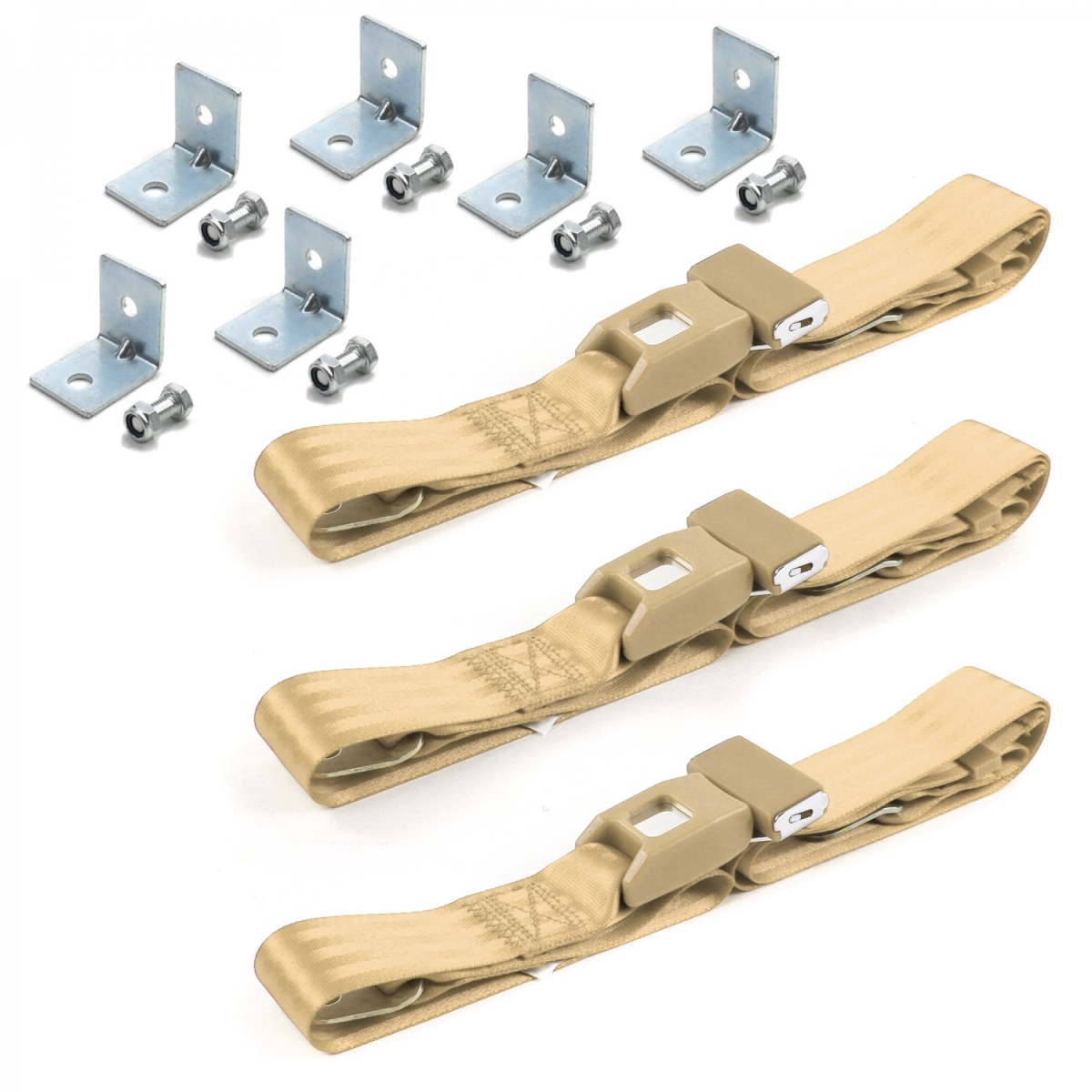 Chevy FS Blazer 1969-1972 Standard 2 Point Tan Lap Bench Seat Belt Kit with Bracketry - 3 Belts