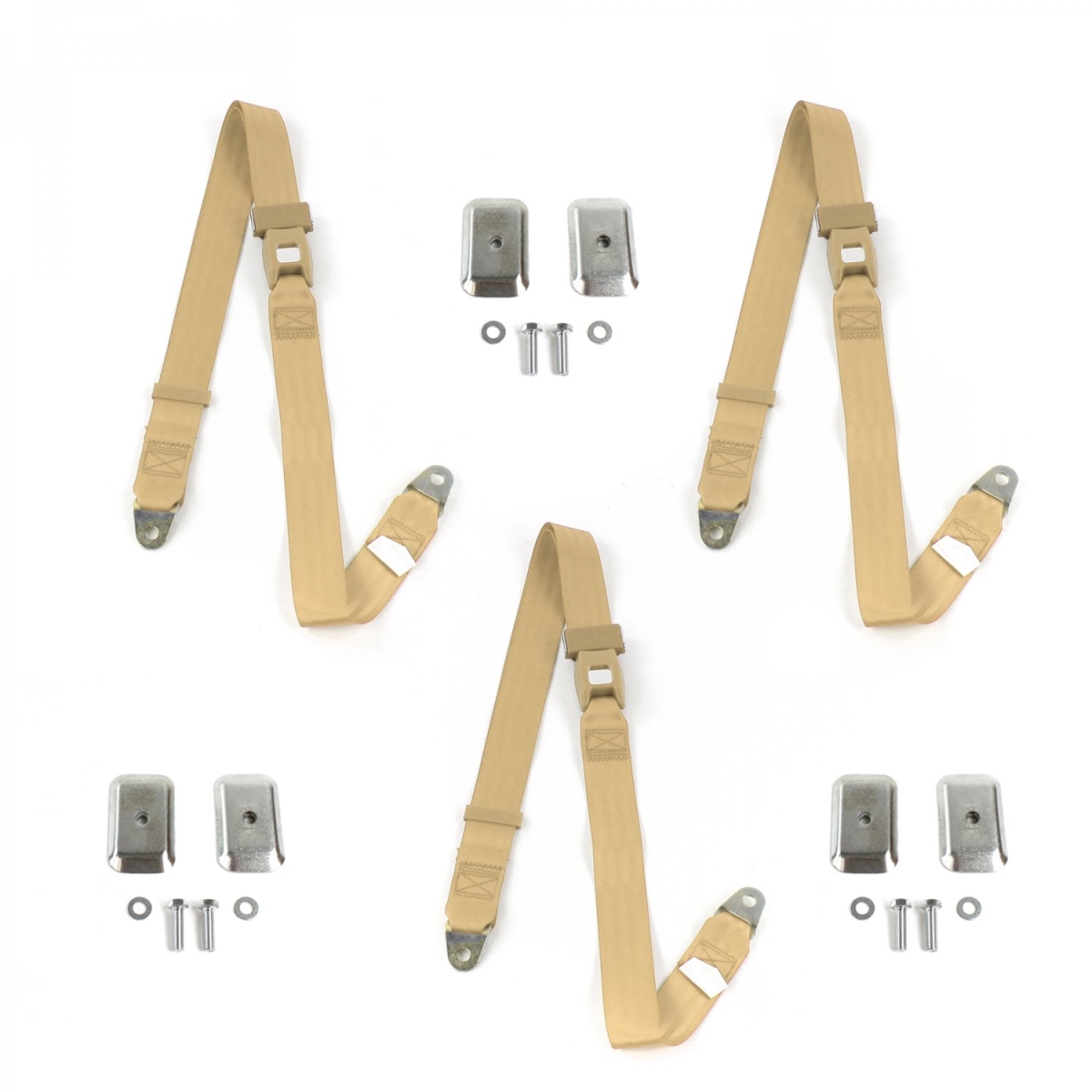VW Type 1 1958-1967 Standard 2 Point Tan Lap Bench Seat Belt Kit with Bracketry - 3 Belts