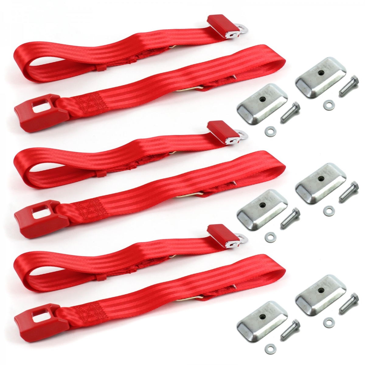 Camaro 1982-1992 Standard 2 Point Red Lap Bench Seat Belt Kit with Bracketry - 3 Belts