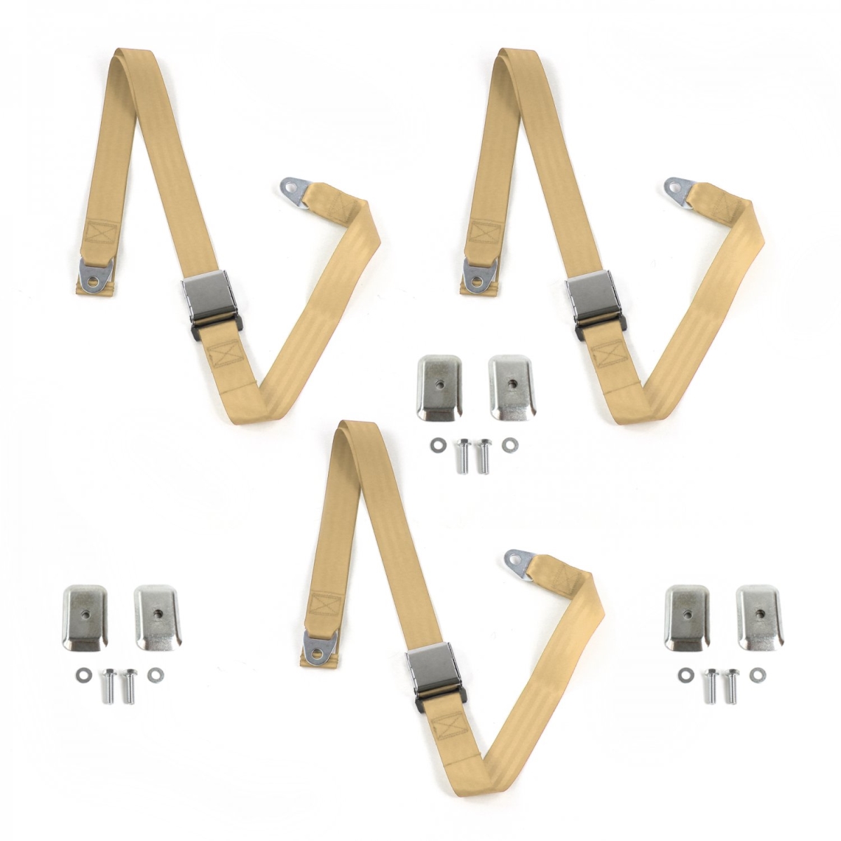 Early Triumph 1946-1954 Airplane 2 Point Tan Lap Bench Seat Belt Kit with Bracketry - 3 Belts