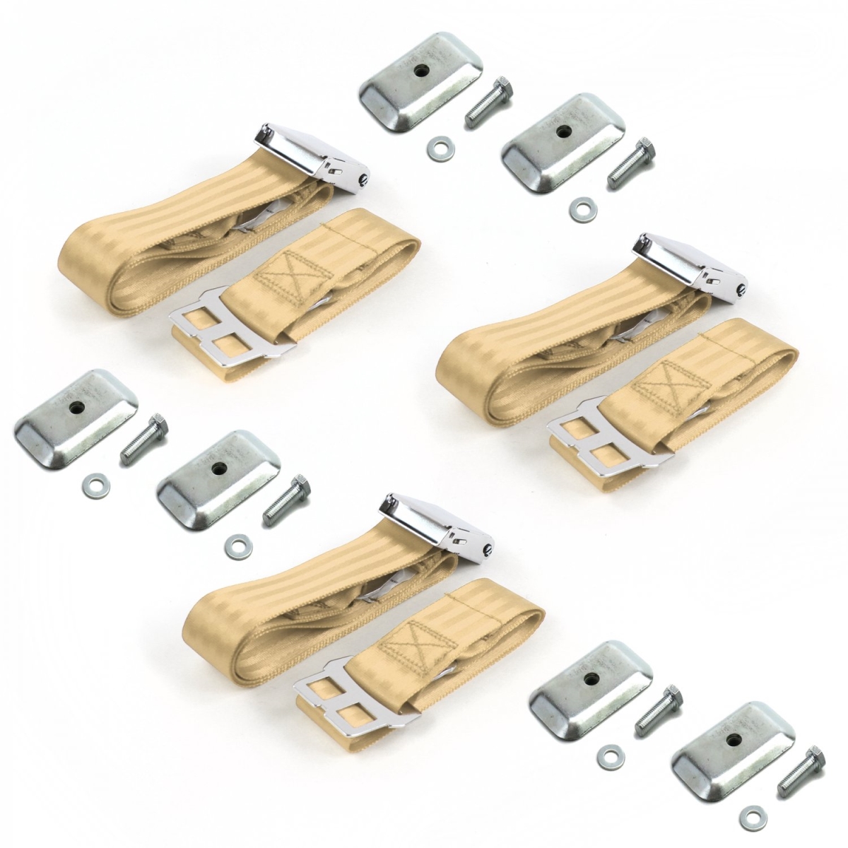 Chevy Impala 1958 Airplane 2 Point Tan Lap Bench Seat Belt Kit with Bracketry - 3 Belts