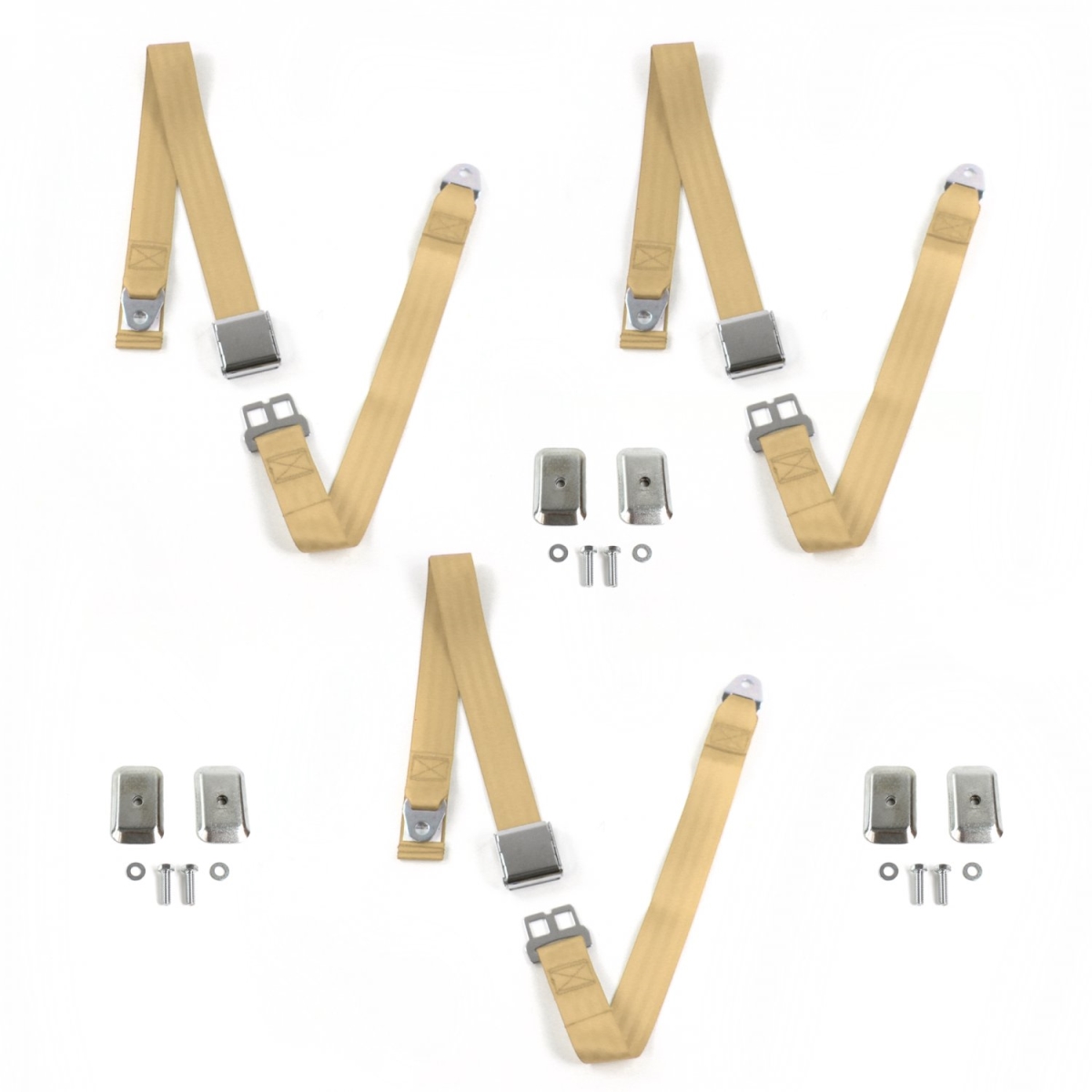 VW Type 1 1968-1983 Airplane 2 Point Tan Lap Bench Seat Belt Kit with Bracketry - 3 Belts