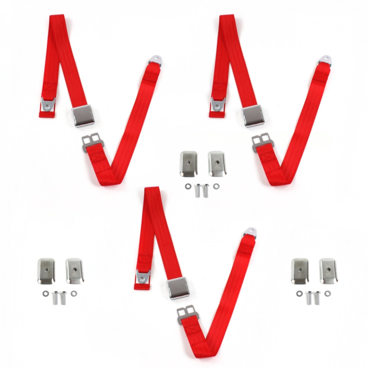 AMC 1958-1988 Airplane 2 Point Red Lap Bench Seat Belt Kit with Bracketry - 3 Belts