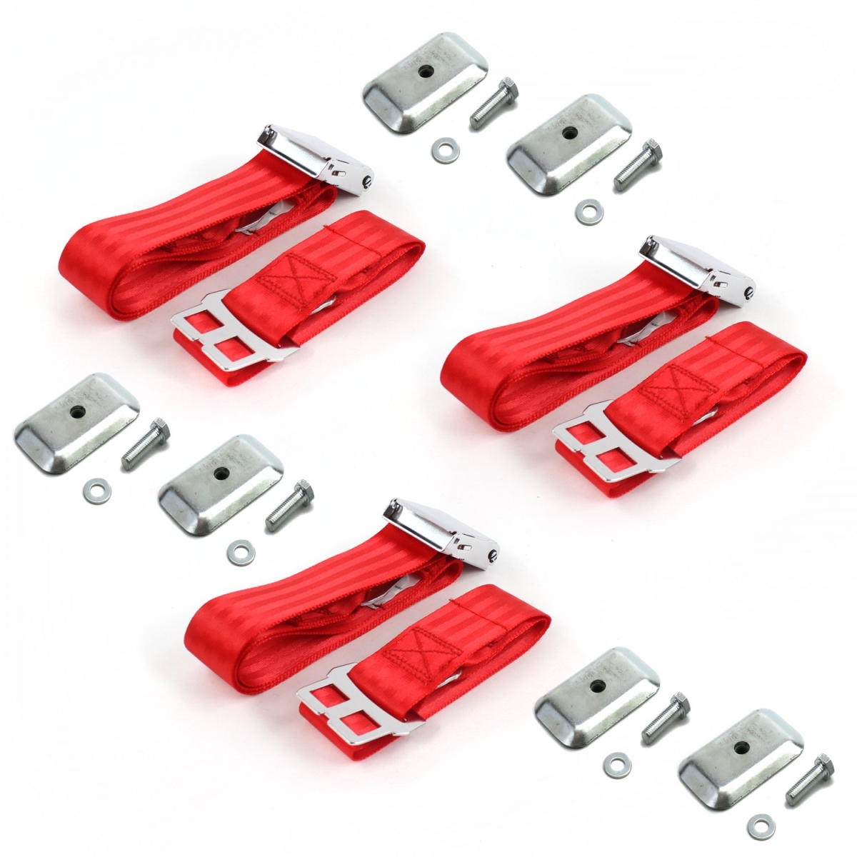 Ford Mustang 1971-1973 Airplane 2 Point Red Lap Bench Seat Belt Kit with Bracketry - 3 Belts