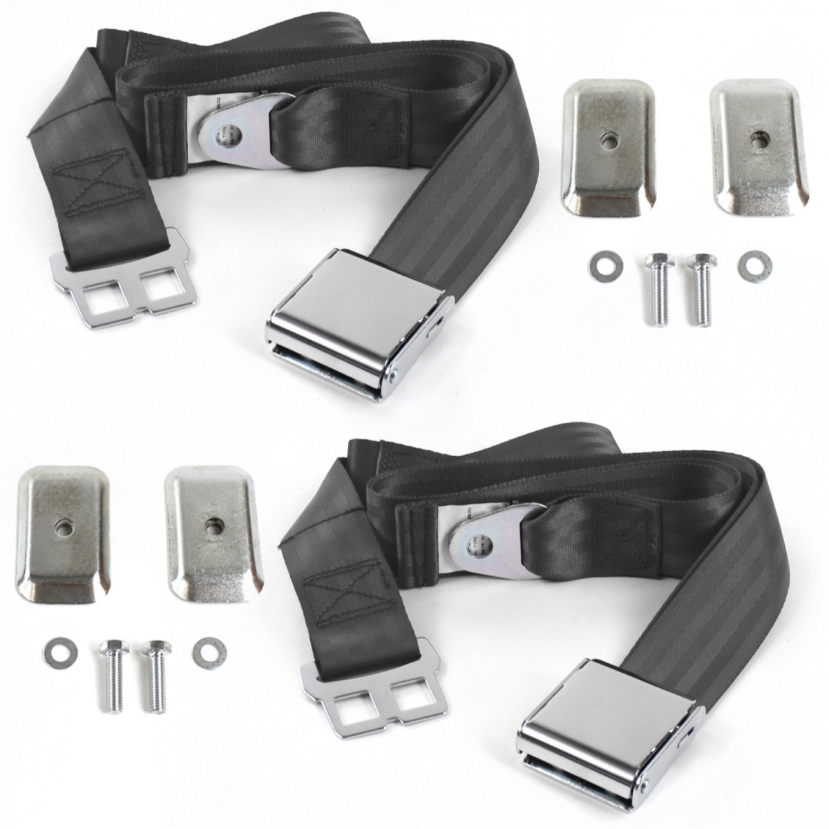Early Triumph 1946-1954 Airplane 2 Point Charcoal Lap Bench Seat Belt Kit with Bracketry - 3 Belts -  Geared2Golf, GE2416073
