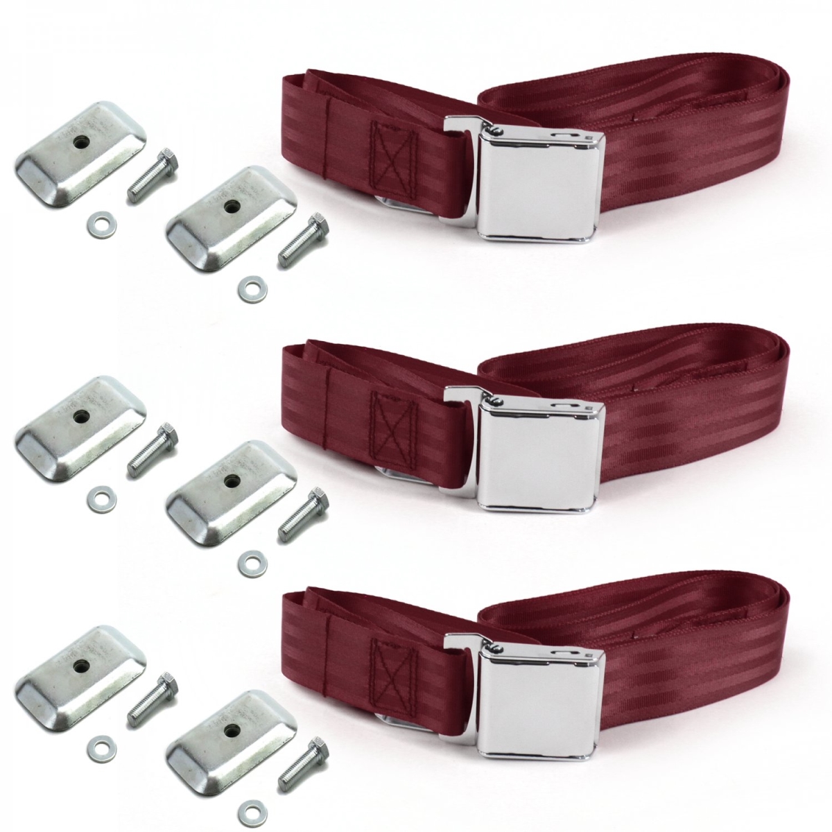 679625 Chevy Chevelle 1964-1967 Airplane 2 Point Burgandy Lap Bench Seat Belt Kit with Bracketry - 3 Belts -  safeTboy