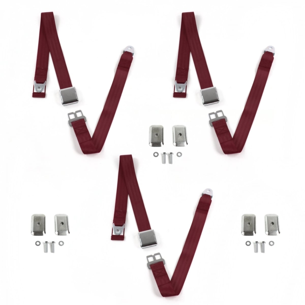 Ford 1932 Model B Airplane 2 Point Burgandy Lap Bench Seat Belt Kit with Bracketry - 3 Belts